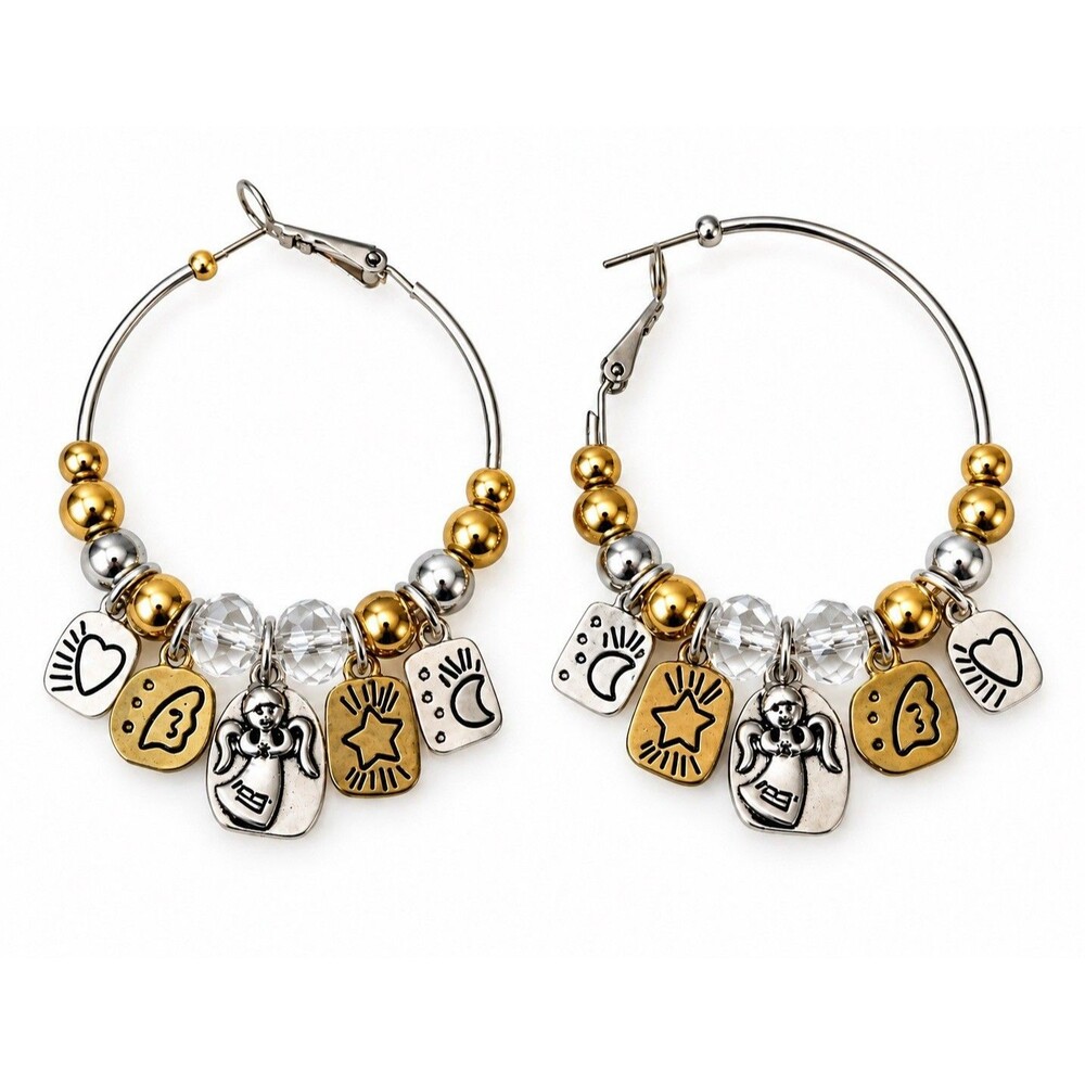 Boho Two-Tone Hoop Charm Earrings Angel Heart Star Moon Crystal Beaded Spiritual